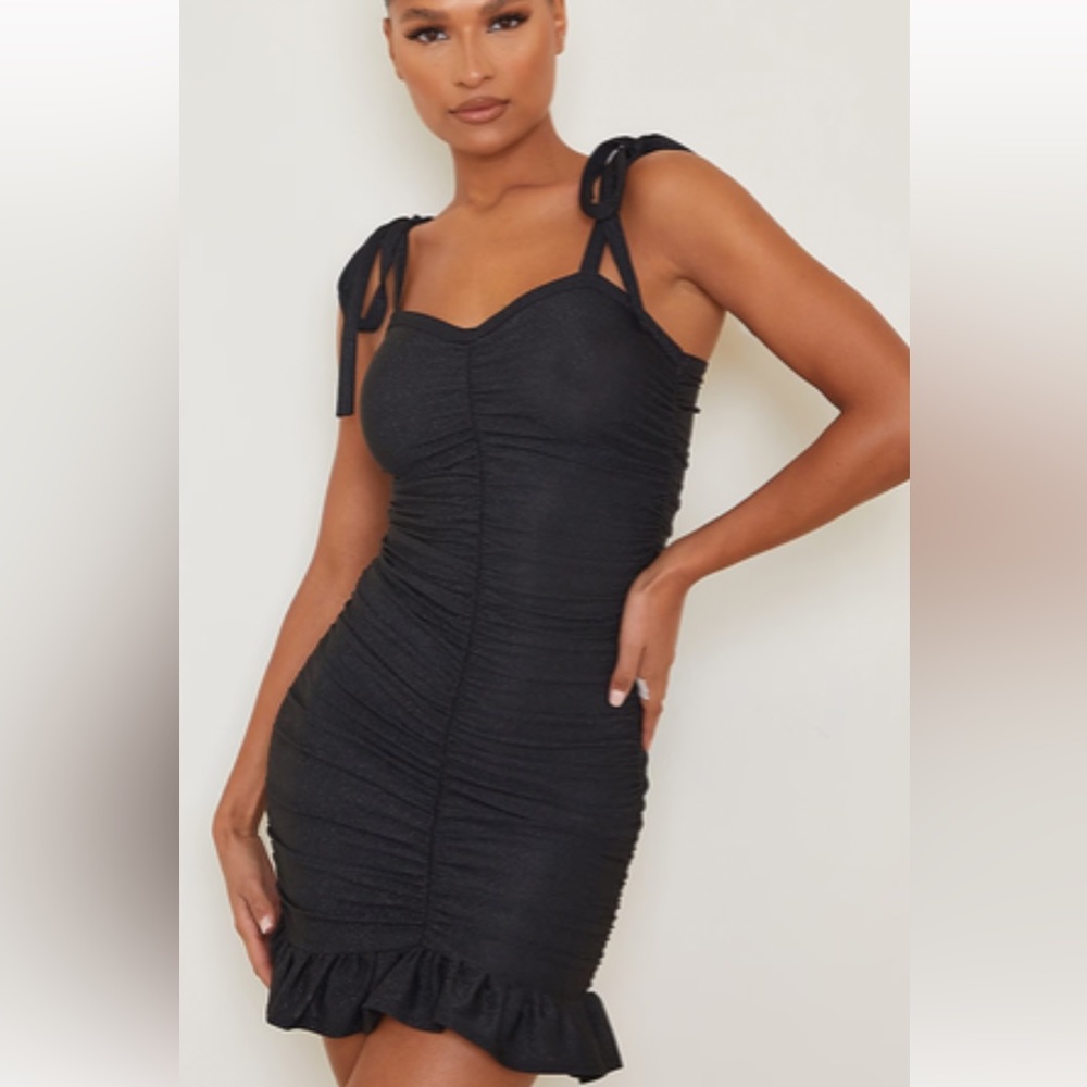 Black Glitter Ruched Tie Strap BodyCon Dress